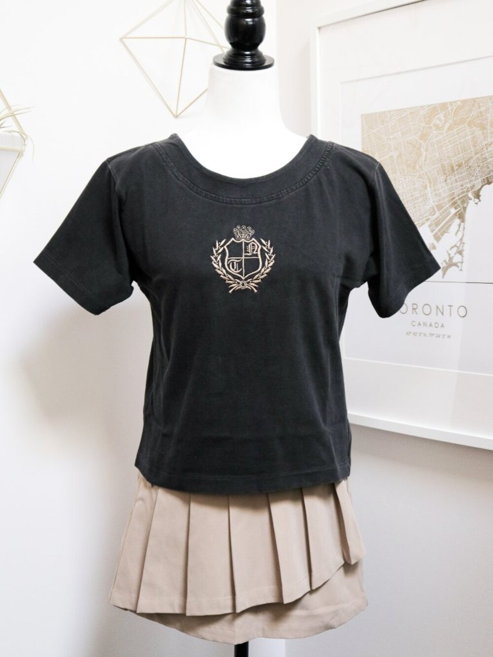 Vintage 90's Black Baby Tee w/ Champagne Embroidered A & T Emblem, Crew Neck